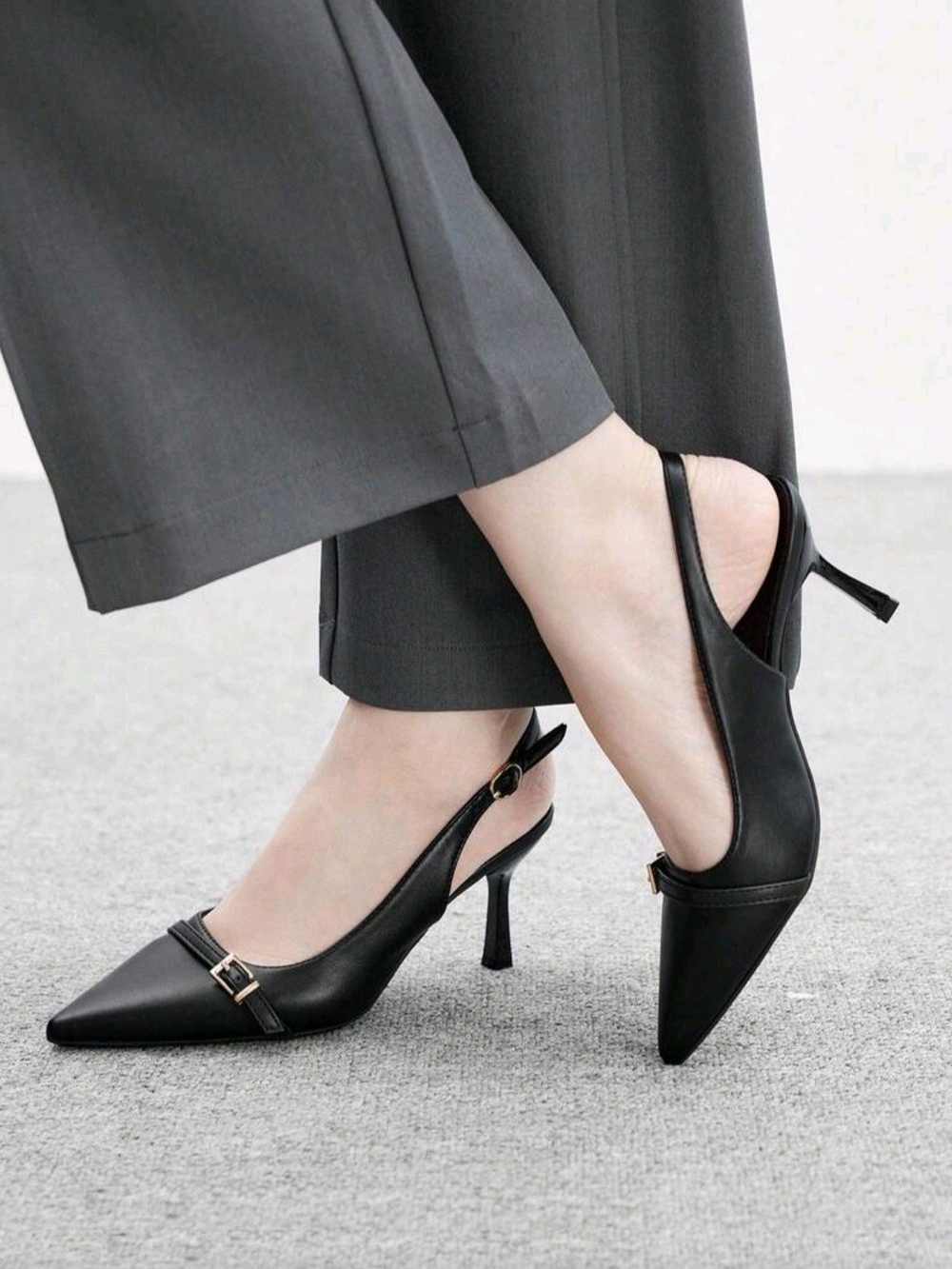 Black Pointed Slingback Heels with Buckle Accent
